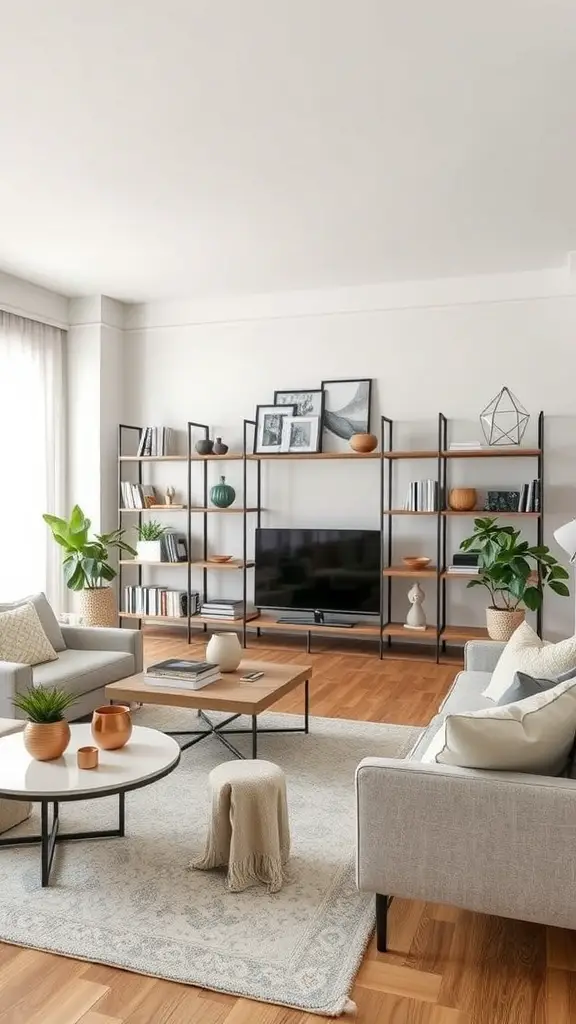 A modern living room featuring functional black shelving, books, plants, and stylish decor.