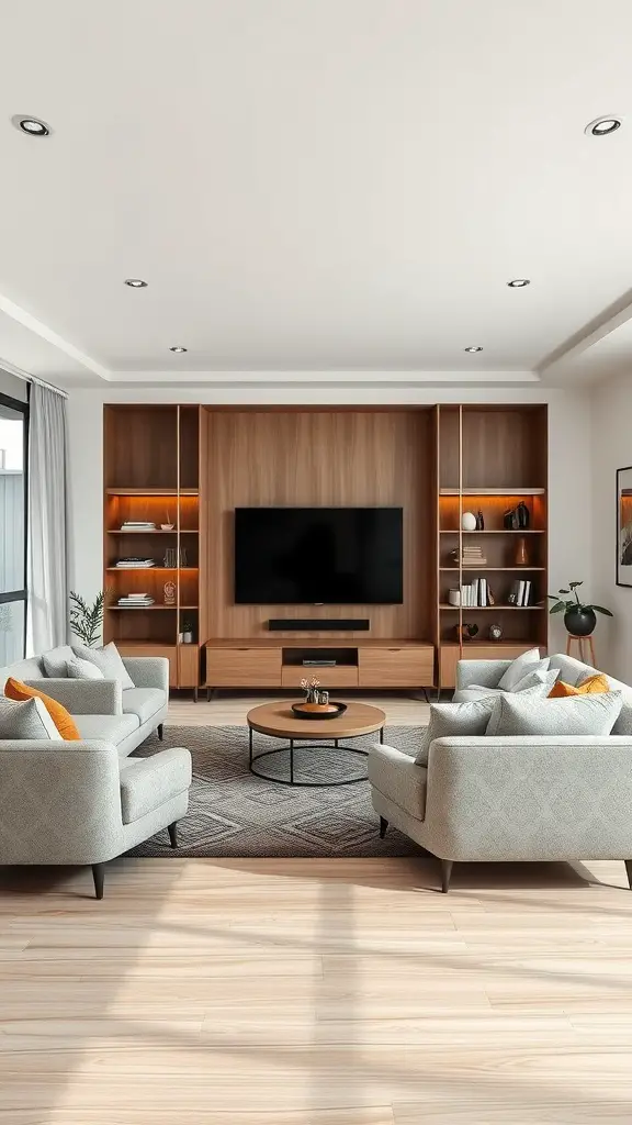 A modern living room with two gray sofas, a round coffee table, a wooden feature wall with a TV, and large windows providing natural light.