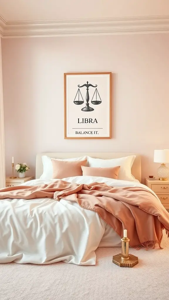A cozy bedroom featuring soft colors, stylish furniture, and Libra-themed wall art.