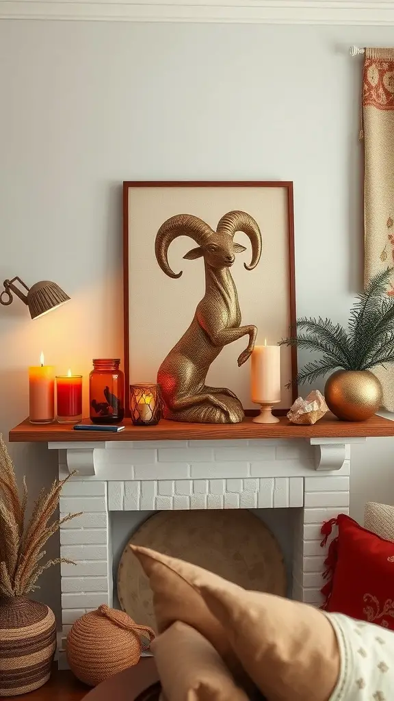 Decorative shelf featuring a golden ram sculpture, warm candles, and natural elements.