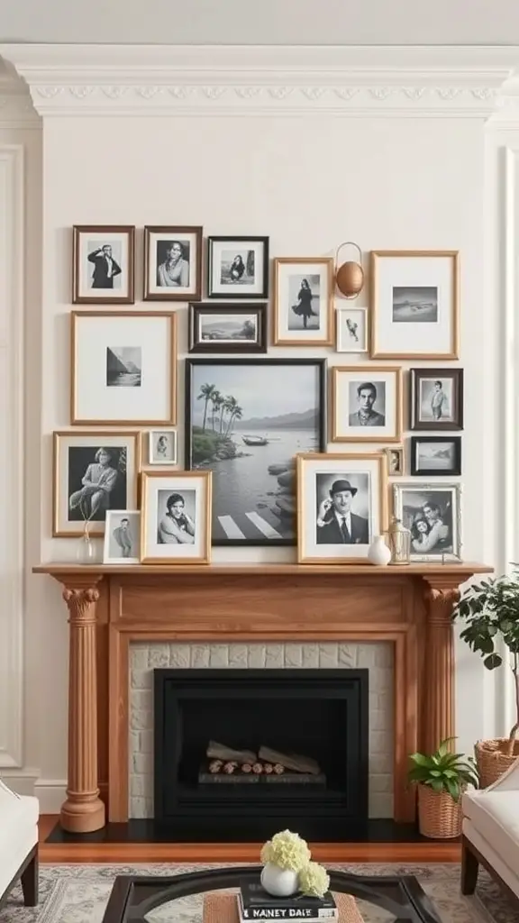 Gallery wall of framed photos and art above a fireplace