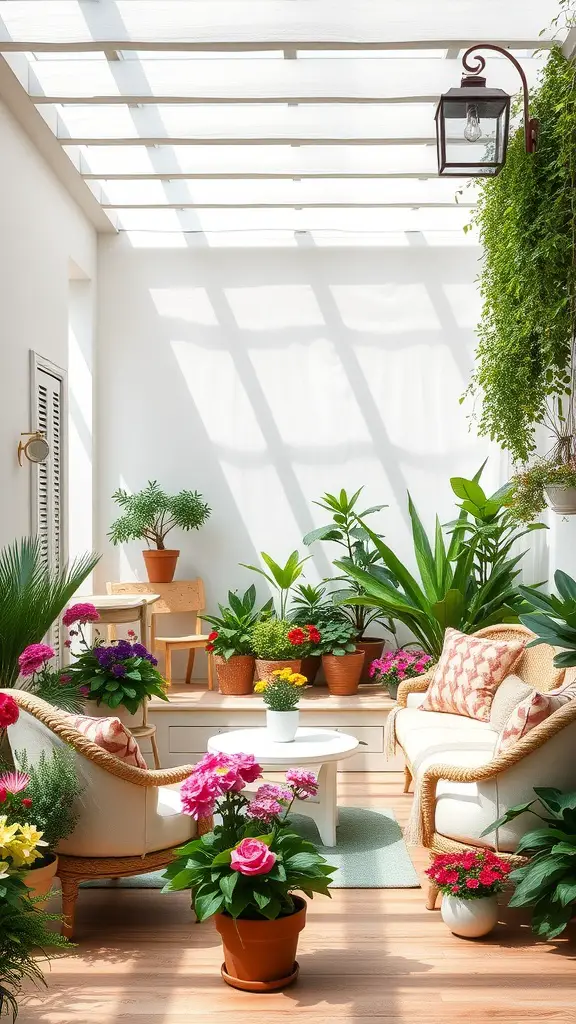 A bright indoor garden filled with various potted plants and flowers, featuring cozy seating and natural light.