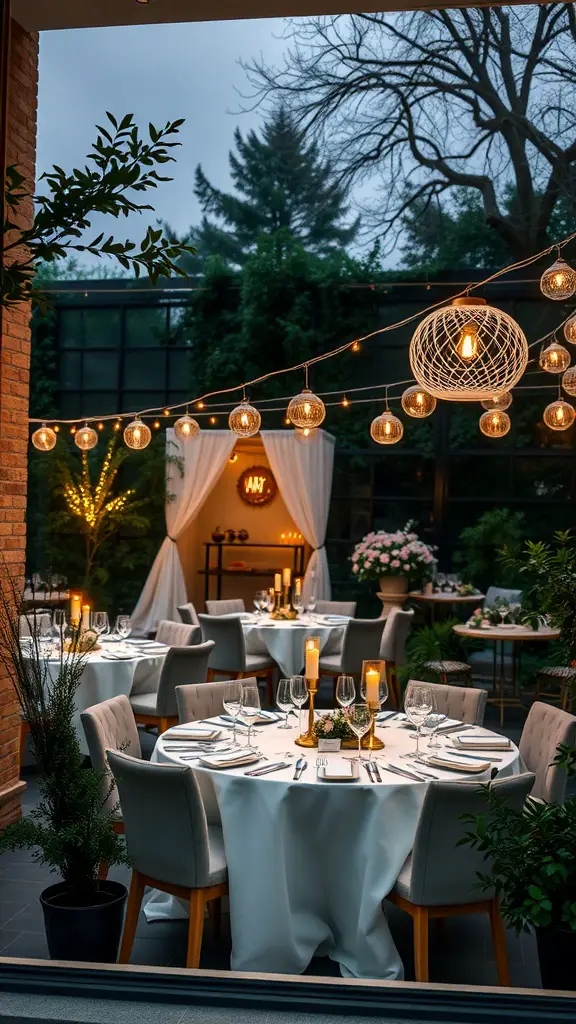 A beautifully set garden party table featuring white linens, candles, and greenery.