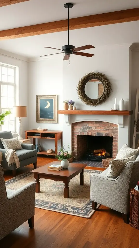 Cozy living room with a fireplace, comfortable seating, and farmhouse decor.