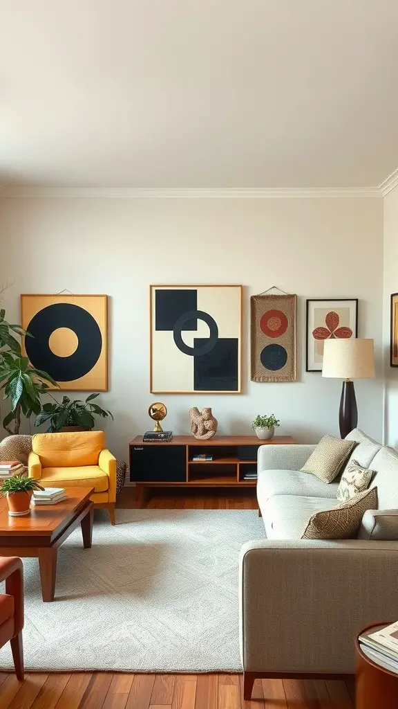A stylish living room with geometric and abstract wall art, featuring a yellow armchair, light gray sofa, and wooden coffee table.