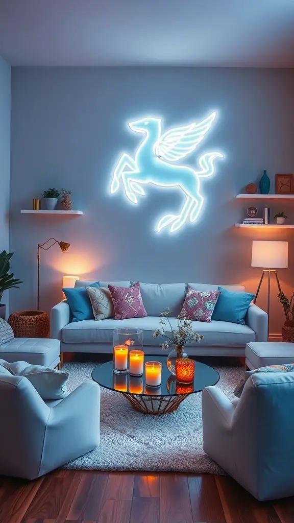 A modern living room featuring geometric furniture pieces, a round coffee table, and colorful cushions, showcasing a unique decor style.