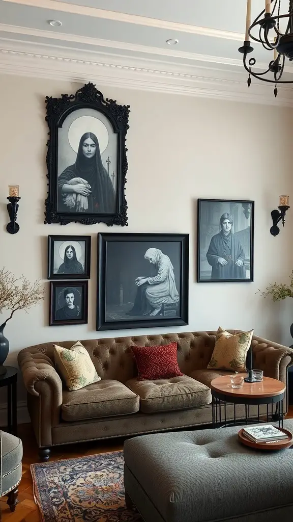 A living room with gothic-inspired wall art featuring dark portraits in ornate frames.