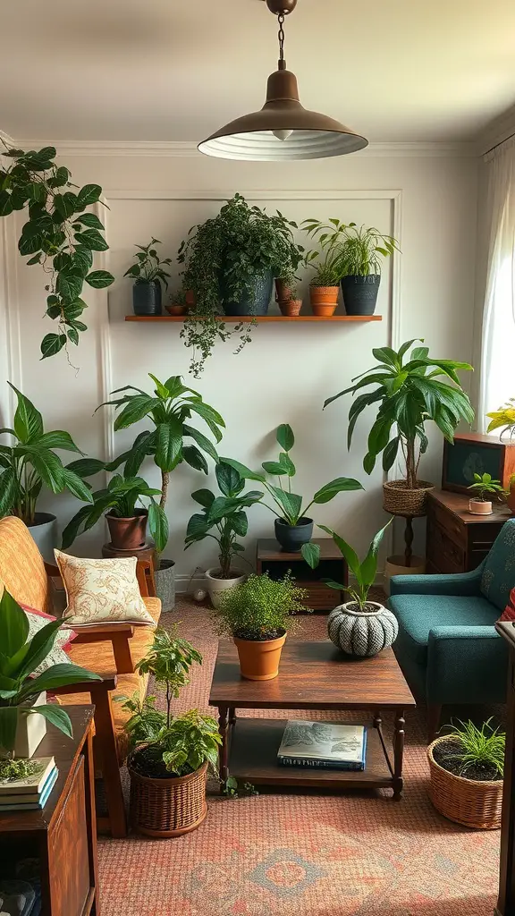A cozy living room filled with various indoor plants in different pots, showcasing a vintage aesthetic.