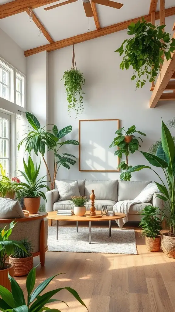A rustic modern living room filled with various houseplants, featuring a cozy sofa and a wooden coffee table.