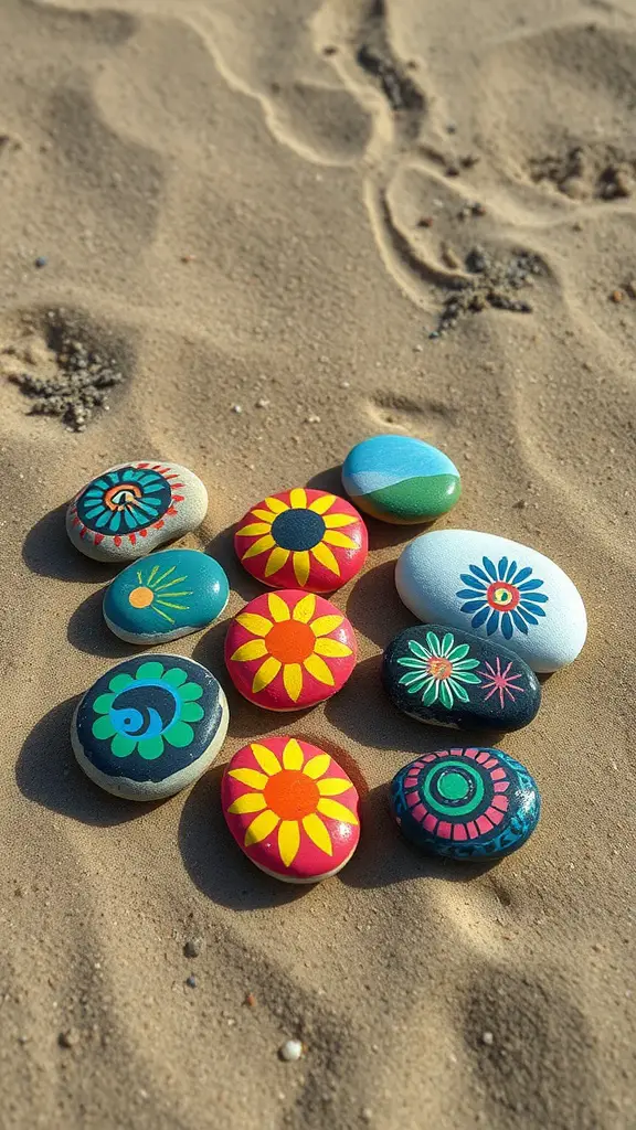 Colorful hand-painted stones arranged on sand