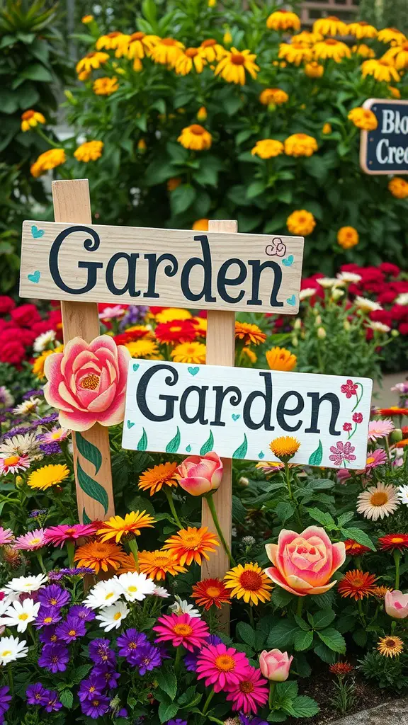 Two hand-painted garden signs in a colorful flower garden.