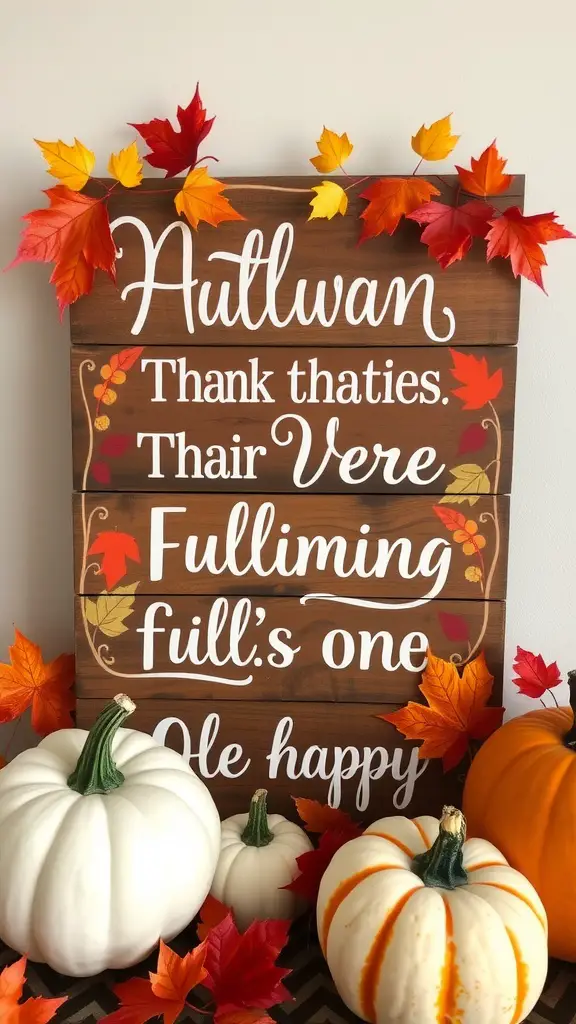 A handmade wooden sign with whimsical text, surrounded by colorful autumn leaves and pumpkins.