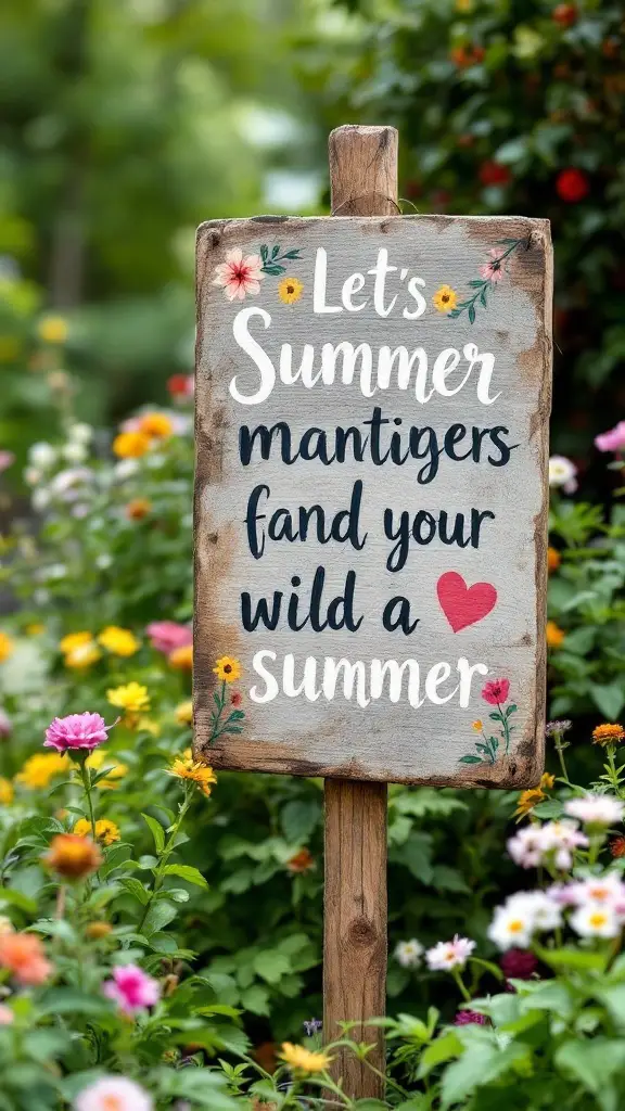 Hand-painted wooden sign in a garden that reads 'Summer live pipe to now diwed one too!'