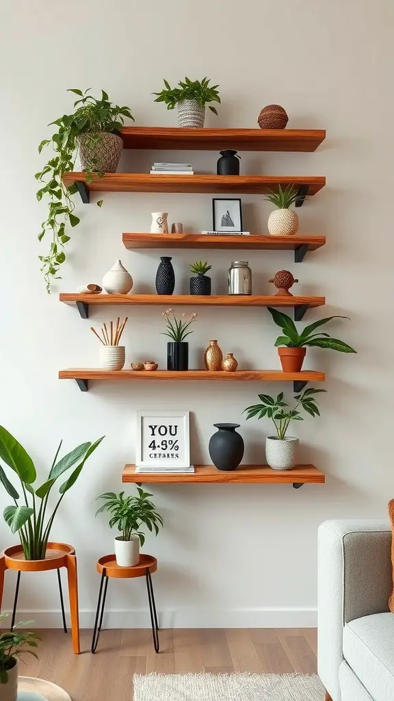 Handcrafted wooden shelves with decorative items and plants in a living room setting.
