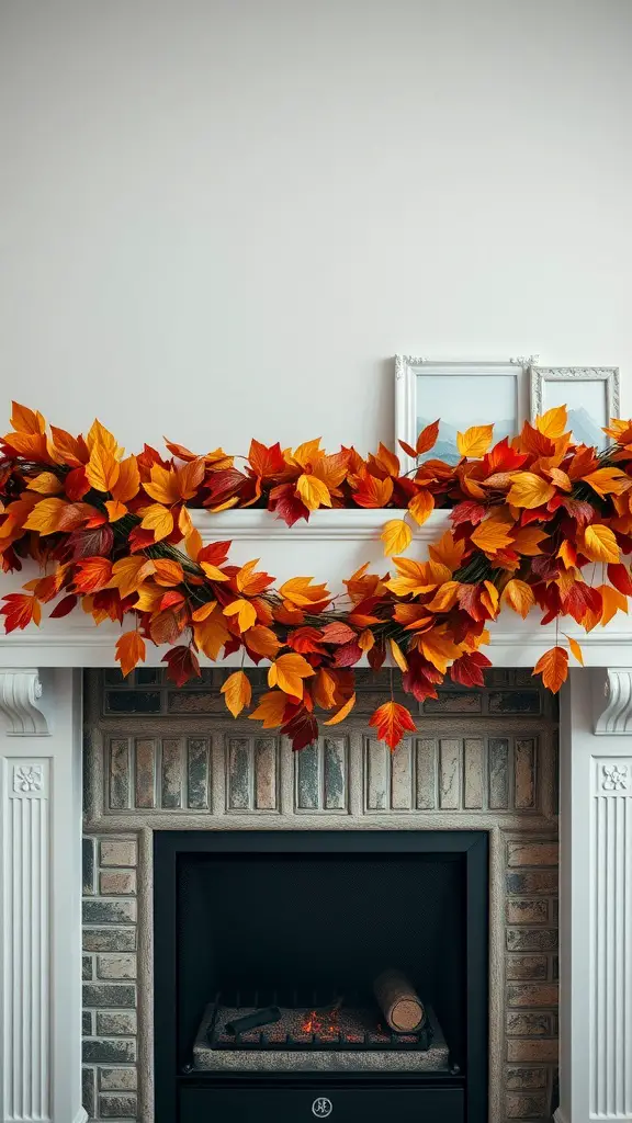 A fireplace mantle decorated with a vibrant garland of fall foliage in orange, red, and yellow leaves.
