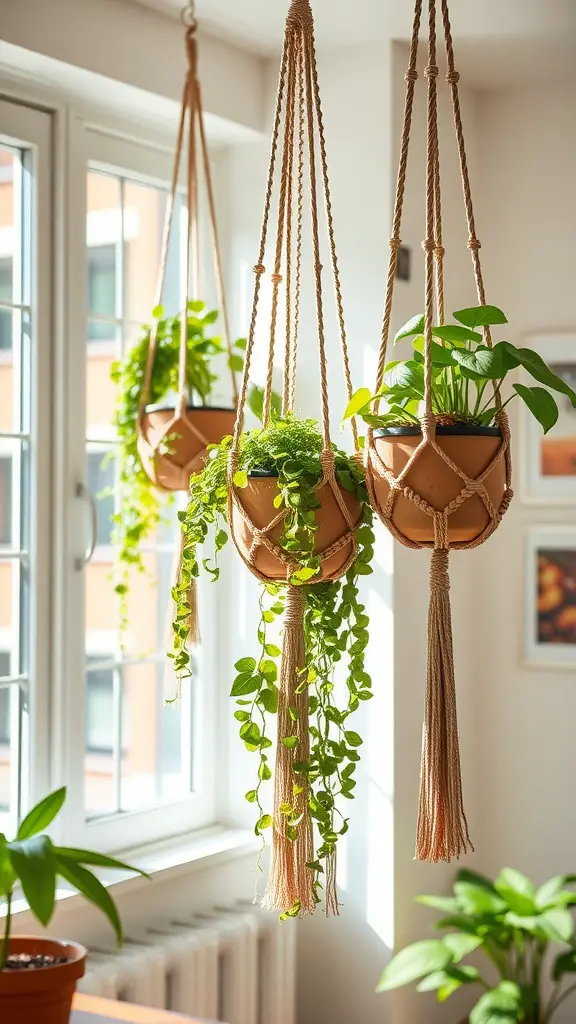 Three hanging macrame planters with lush green plants in a bright room