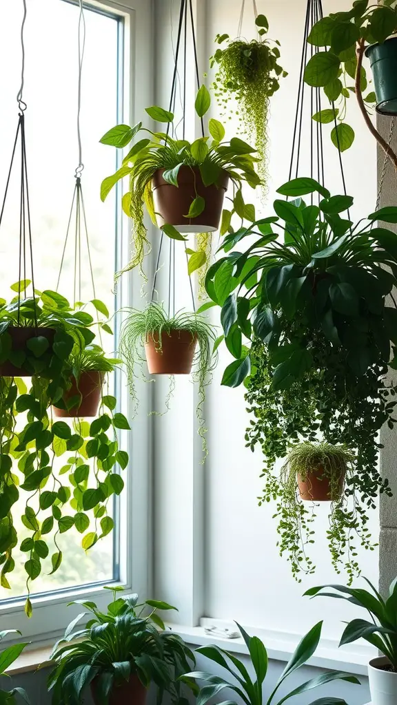 A collection of hanging plants in pots, displayed in a bright window