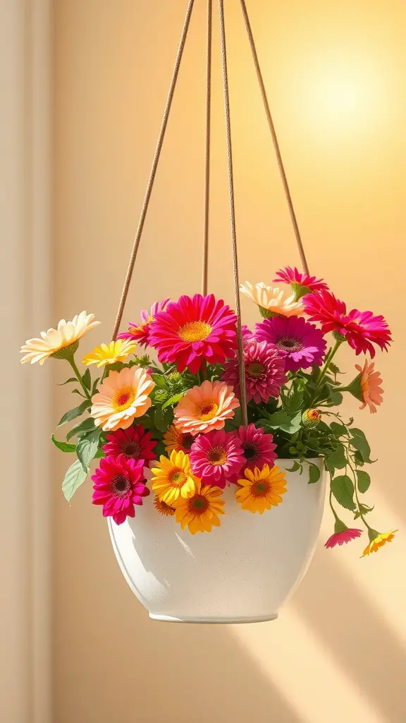A vibrant hanging planter with colorful flowers in a white pot, illuminated by warm light.