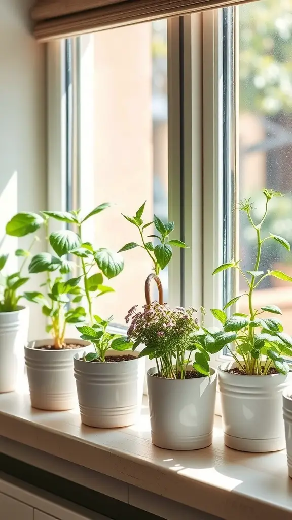 Potted herbs on a sunny windowsill