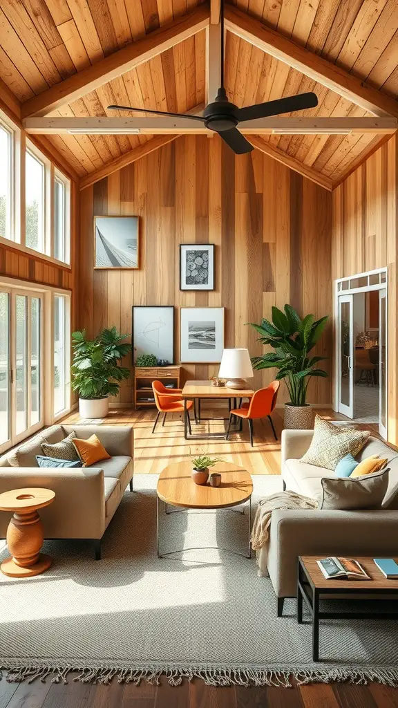 A living room featuring barn wood walls, high ceilings with exposed beams, modern furniture, and large windows for natural light.