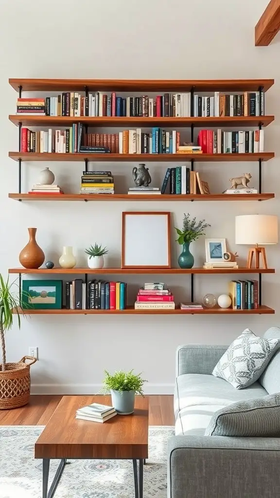 Stylish barn wood shelving featuring books, decor items, and a cozy living room setting.