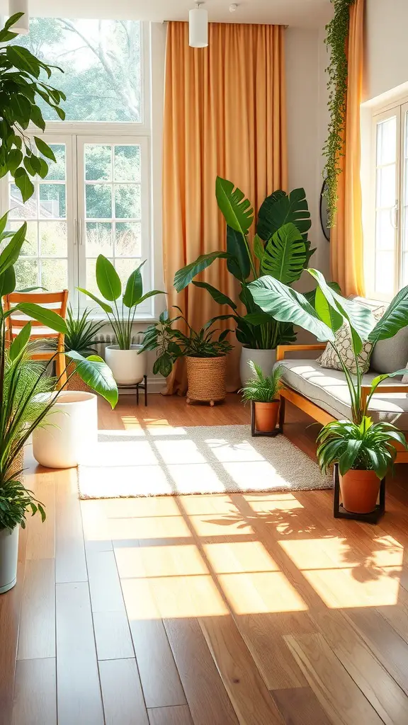 Bright living room with wooden floor and various indoor plants near a window.