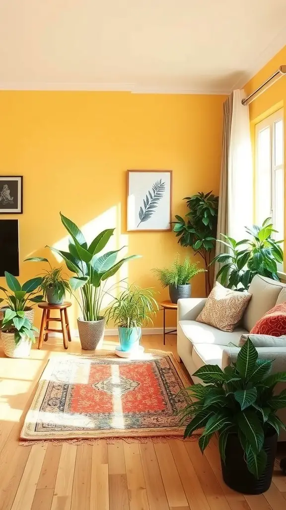 Living room with yellow walls and various green plants, featuring a cozy sofa and a colorful rug.