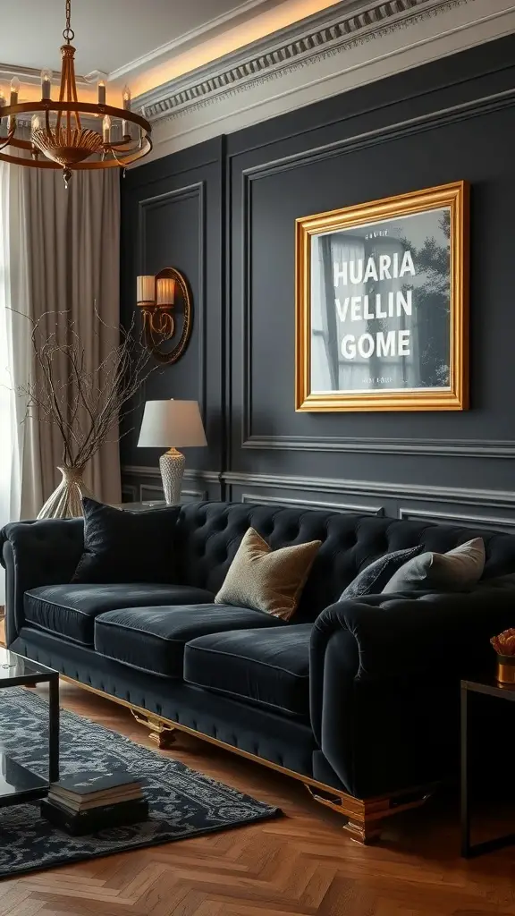 A stylish living room featuring a black sofa with metallic accents, including a chandelier and gold-framed artwork.