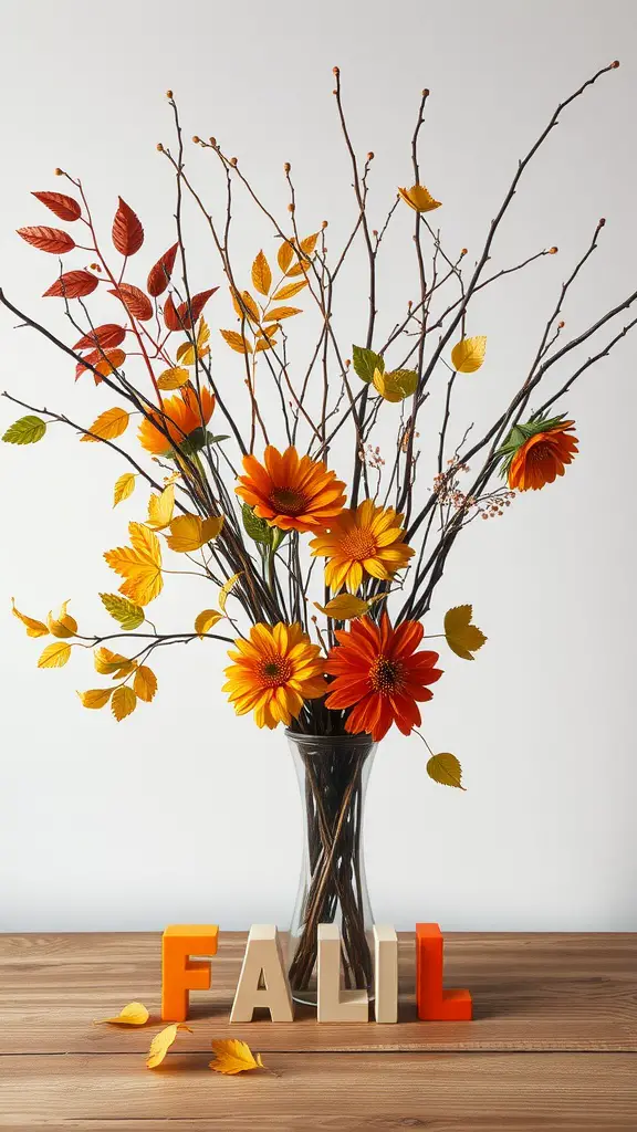 A vase filled with orange and yellow flowers, branches, and colorful leaves, with the word 'FALL' in playful letters in front.