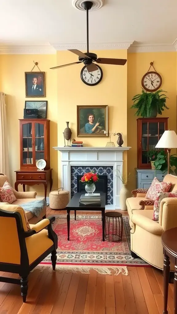 A vintage-style living room with yellow walls, featuring portraits, plants, and classic furniture.