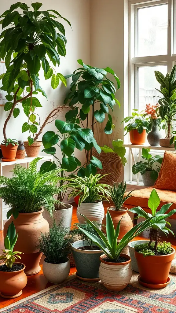 A cozy living room with an orange couch surrounded by various indoor plants and a cat resting on the couch.