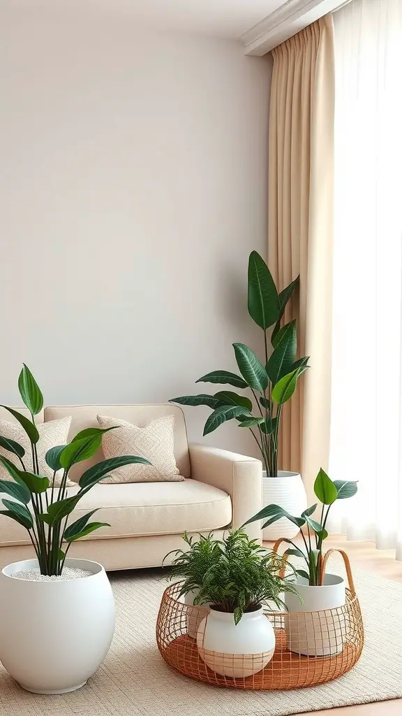 A cozy living room featuring beige and white decor, with indoor plants in stylish pots, creating a fresh and inviting atmosphere.