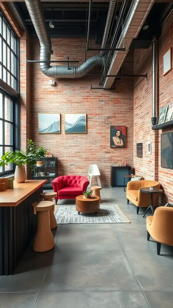 A stylish industrial chic living space featuring exposed brick walls, a red tufted chair, wooden tables, and a cozy atmosphere.