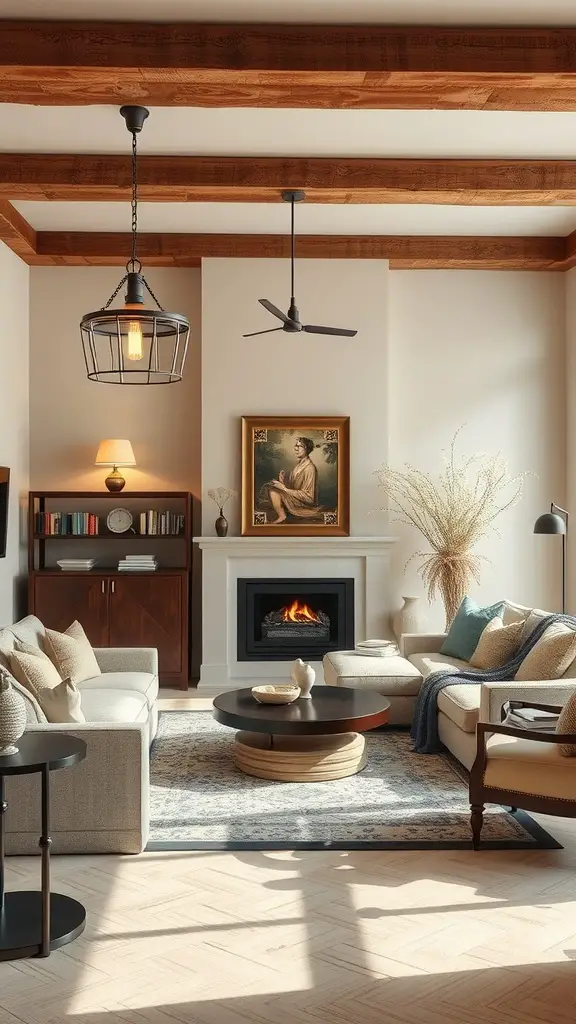 An industrial lighting fixture hanging in a rustic modern living room with wooden floors and stylish furniture.
