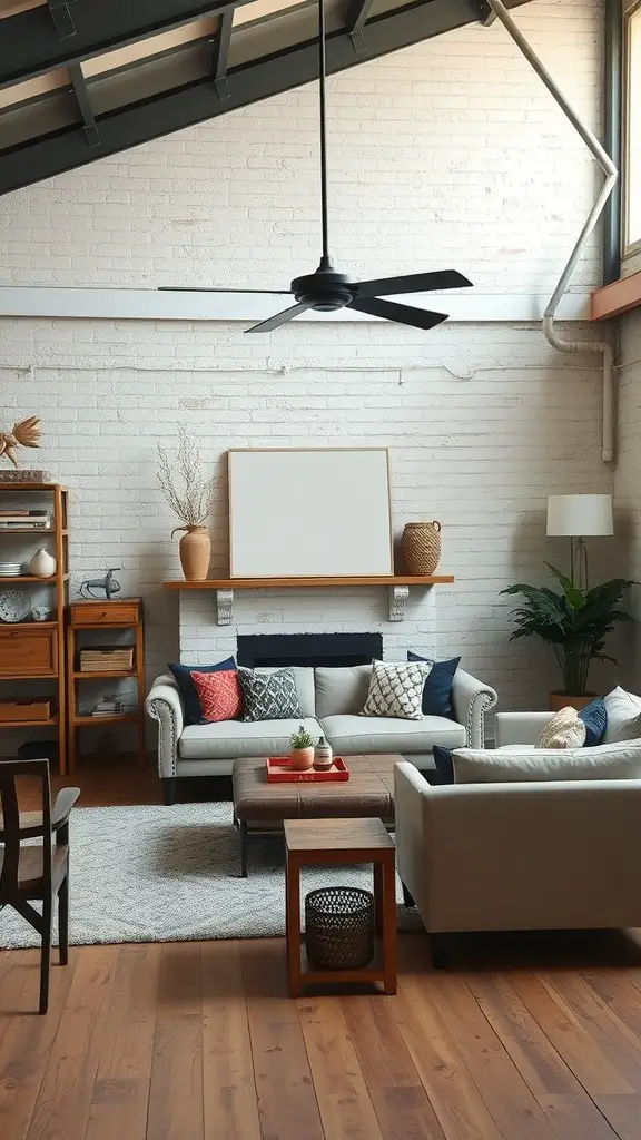 A modern living room featuring a blend of industrial and farmhouse decor.