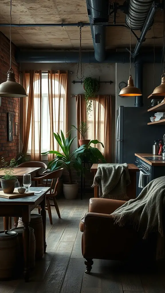 A cozy industrial-style room featuring metal fixtures, wooden furniture, and warm lighting.