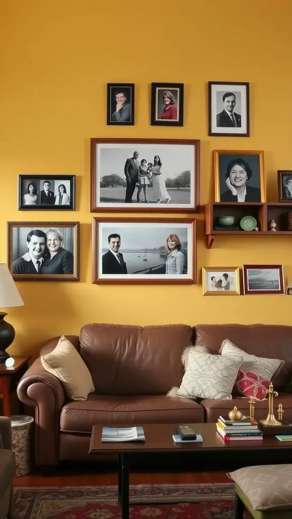 A cozy living room with yellow walls, a brown sofa, and framed family photos on the wall.