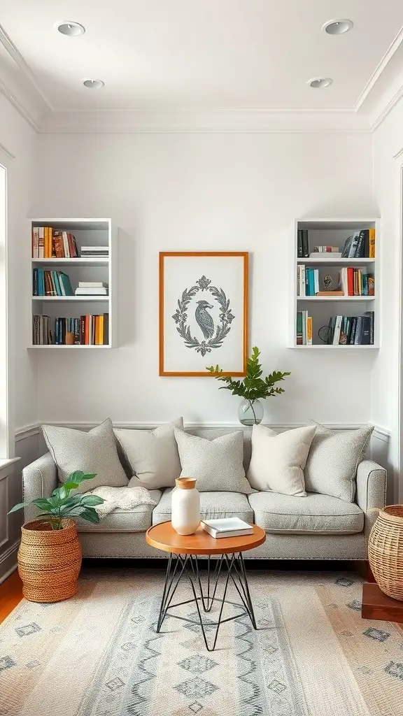 A cozy living room nook with a light gray sofa, round coffee table, bookshelves, and a plant.