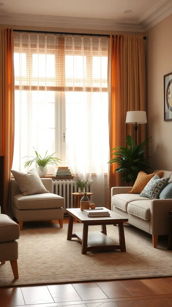 Cozy living room with warm window treatments, featuring orange and beige curtains, natural light, and plants.