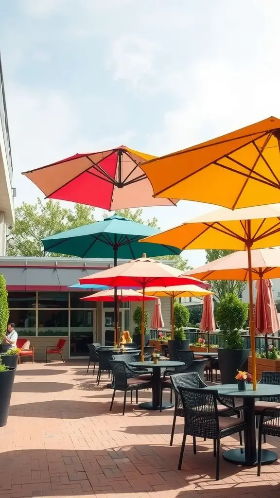 Colorful patio umbrellas in vibrant shades of red, orange, and turquoise on a sunny outdoor patio.