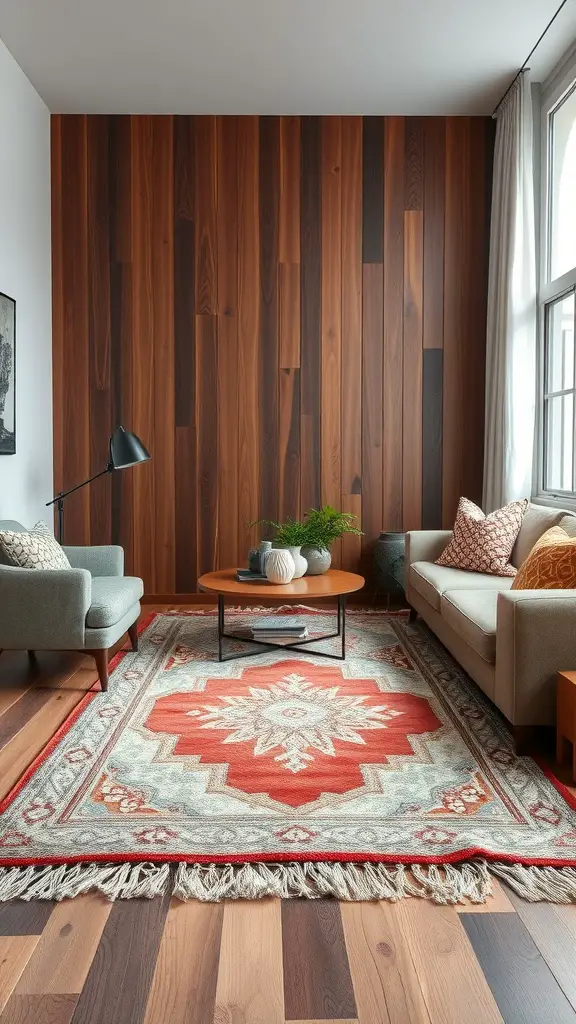 Living room with layered cozy rugs and wooden wall