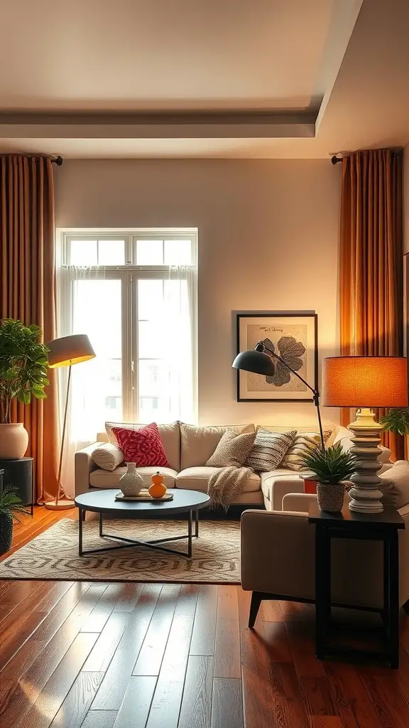 Cozy rustic modern living room with layered lighting, plants, and warm decor.