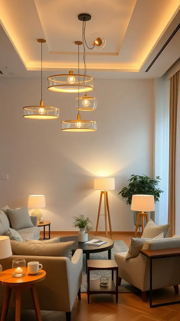 A coastal beige and white living room with layered lighting, featuring pendant lights and floor lamps.