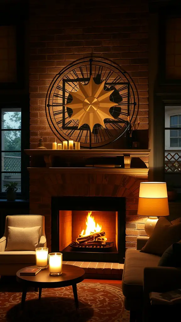 Cozy living room with layered lighting from chandelier, table lamp, and fireplace.