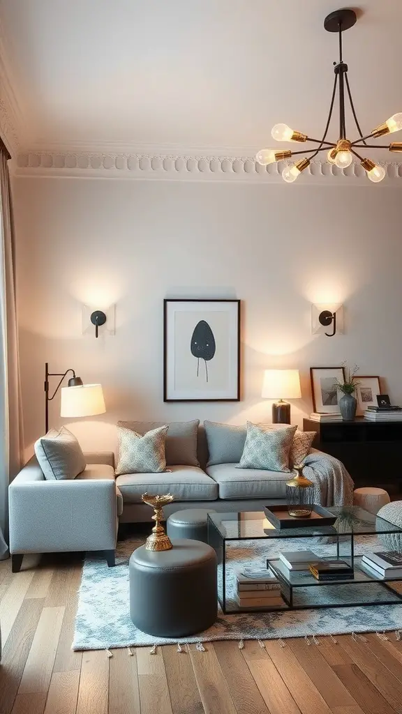 Cozy living room with layered lighting including a chandelier, wall sconces, and table lamps.