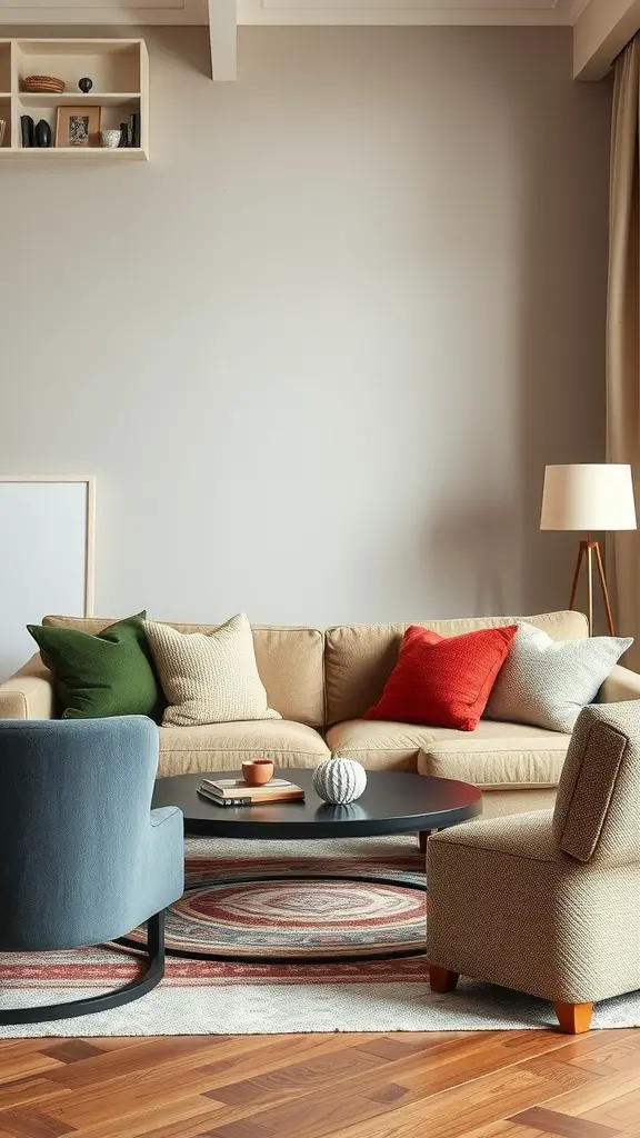 A cozy living room with a beige sofa, colorful pillows, a round rug, and a coffee table.