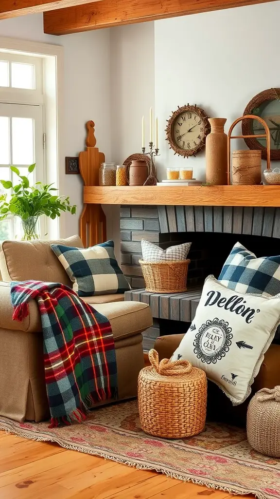 Cozy living room with layered textiles, featuring a plaid blanket, checkered pillows, woven baskets, and a soft rug.