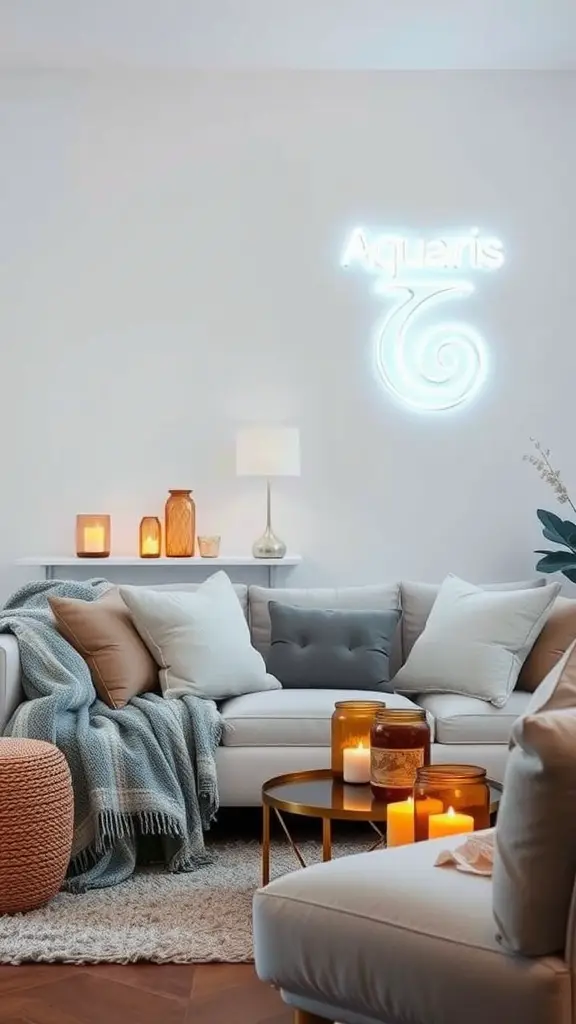 A cozy living room featuring layered textures with pillows, a knitted throw, and amber jar candles.