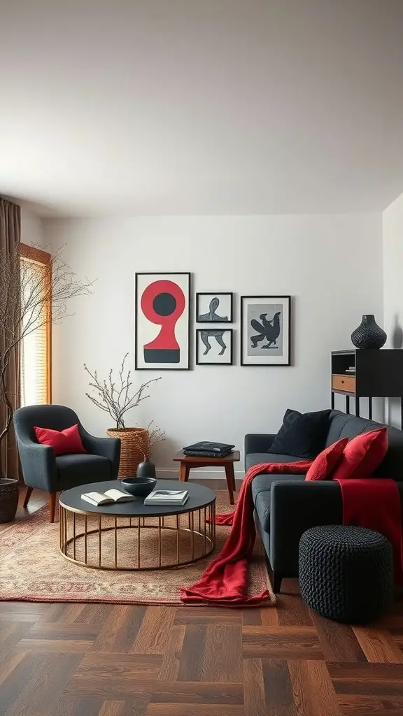 A stylish black and red living room featuring layered textures, modern furniture, and artistic wall decor.