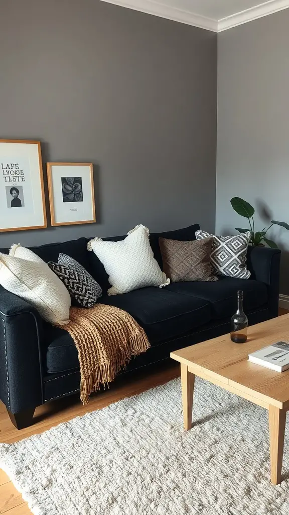 Cozy living room with a black sofa layered with decorative pillows and a knitted throw, complemented by a natural wood coffee table and a soft rug.